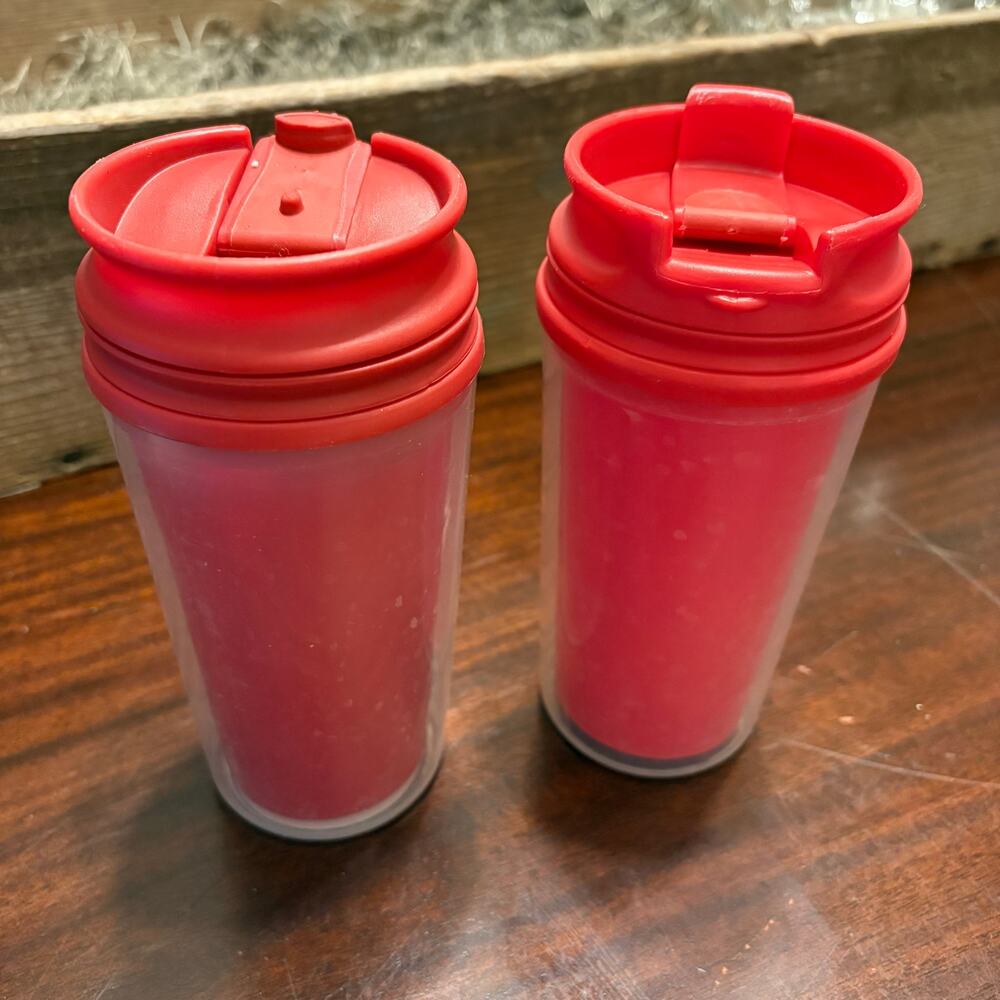 Set of 2 DIY Create Your Own Photo Travel Mug Clear Wall Insulated Red Cup